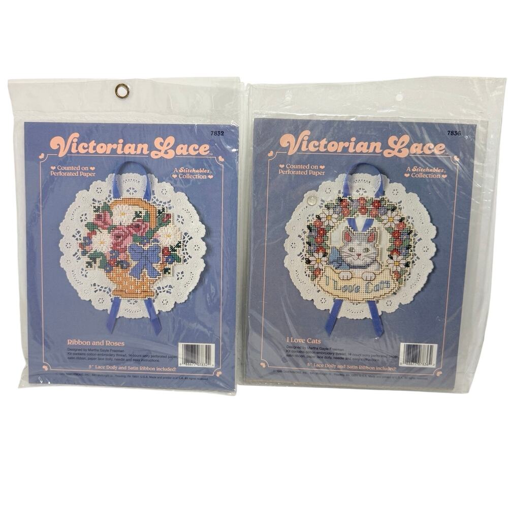 1989 Dimensions Stitchables Victorian Lace Kit Paper NEW 2 Sets Ribbon & Cats